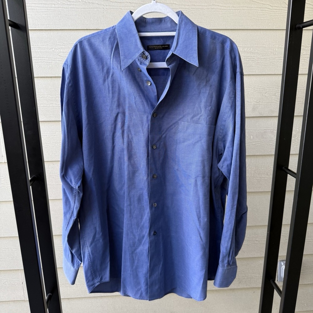Vintage Donna Karan Shirt Mens Blue Button Down Long‎ Sleeve 100% Cotton 16.5/L